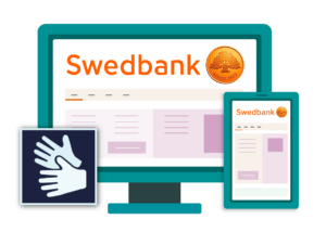 Bildskärm och mobil med Swedbank-logotyp.